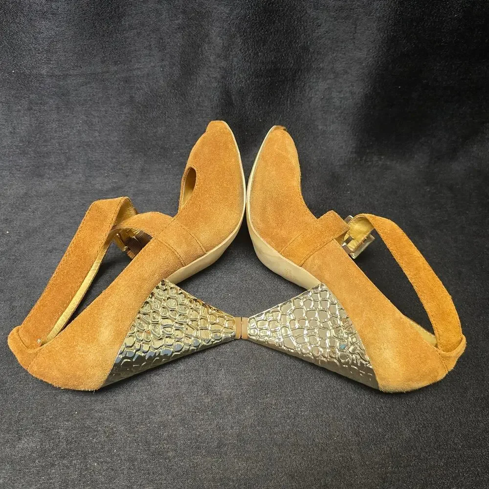 Michael Kors Brown Leather Peep Toe Ankle Strap Gold Cone High Heel Shoe